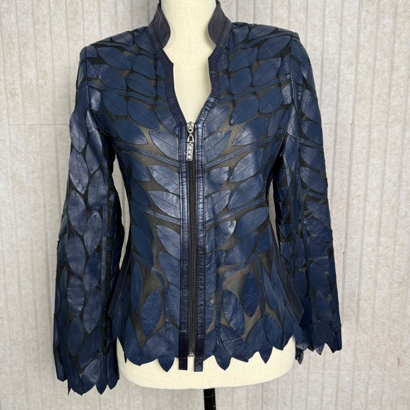 Erin Leather Leaf Cut Lambskin Jacket Womens EU 38 / US M Midnight Navy Turkey - Picture 14 of 14